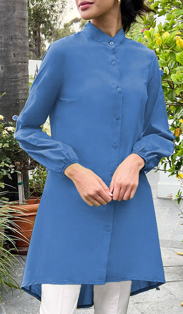 Modest Long Royal Blue Cotton Button down Shirt | Islamic Clothing