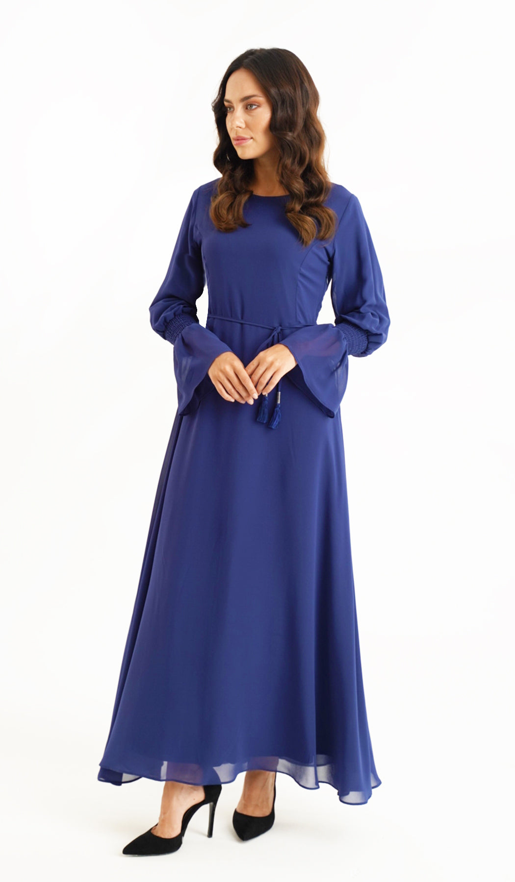 Merve Sapphire Blue Chiffon Modest Long Maxi Dress Modest Muslim Dresses Artizara USA 14 XXL 46 in. 117 cm Garment Chest