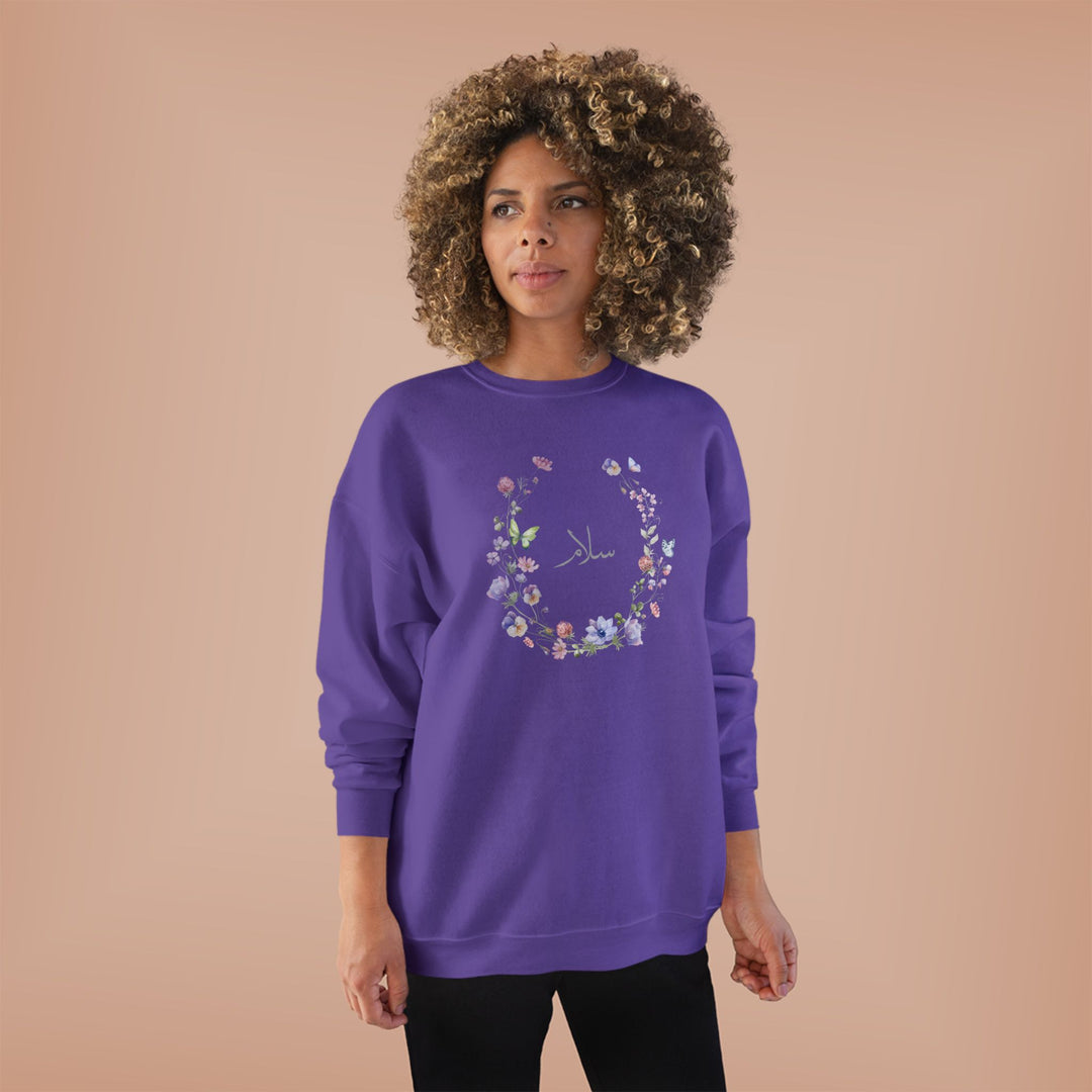 Eco-Friendly Wildflowers Arabic Calligraphy Crewneck Pullover Sweatshirt - Salam (Peace)