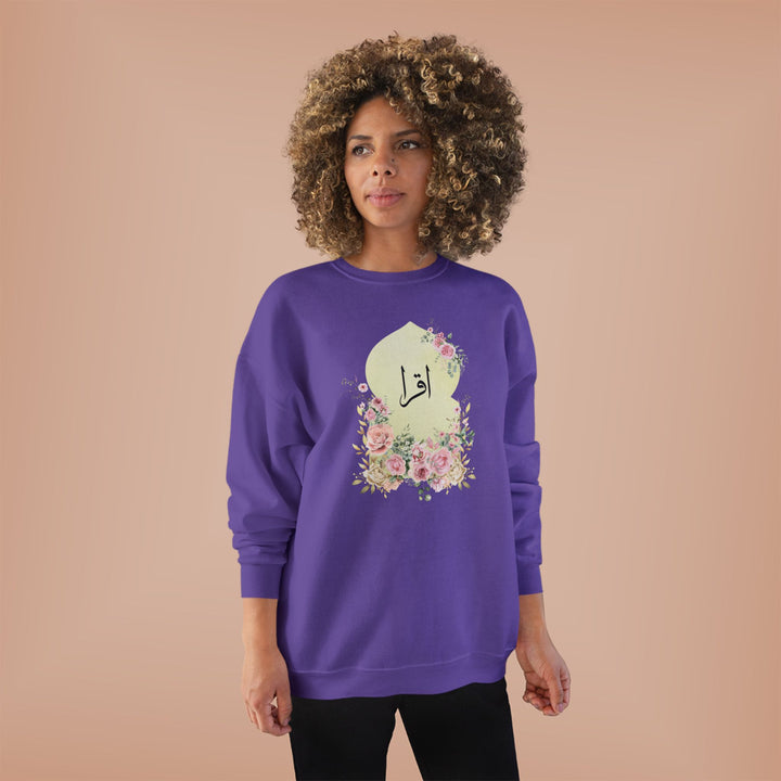 Eco-Friendly Damask Rose Arabic Calligraphy Crewneck Pullover Sweatshirt - Iqra (Read)