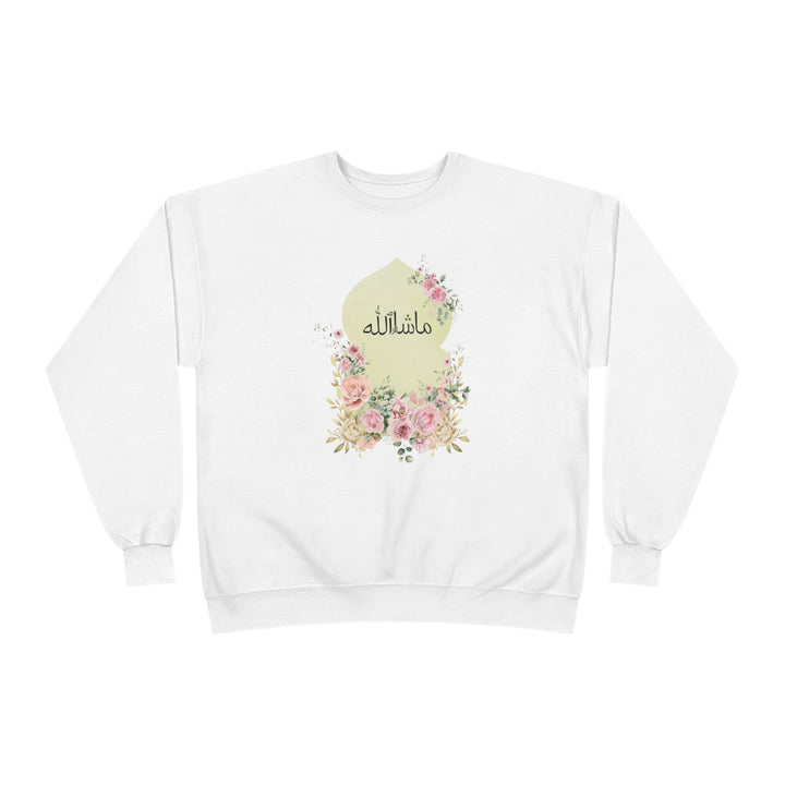 Eco-Friendly Damask Rose Arabic Calligraphy Crewneck Pullover Sweatshirt - Masha Allah (Praise)