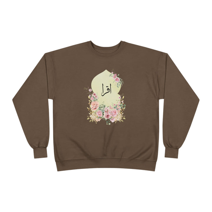 Eco-Friendly Damask Rose Arabic Calligraphy Crewneck Pullover Sweatshirt - Iqra (Read)