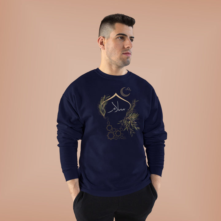 Eco-Friendly Olive and Crescent Arabic Calligraphy Crewneck Pullover Sweatshirt - Salam (Peace)