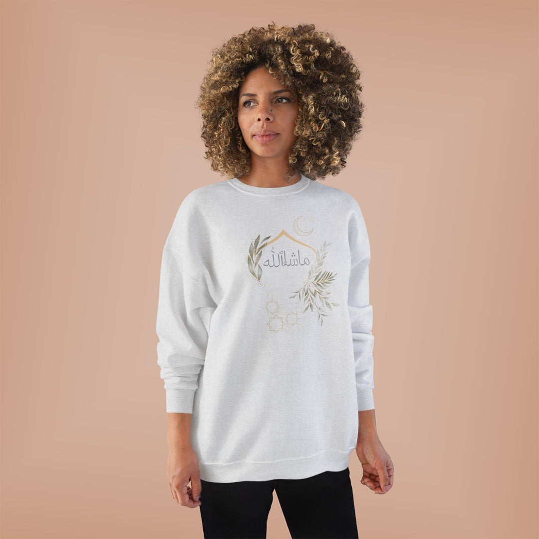 Eco-Friendly Olive and Crescent Arabic Calligraphy Crewneck Pullover Sweatshirt - Masha  Allah (Praise)