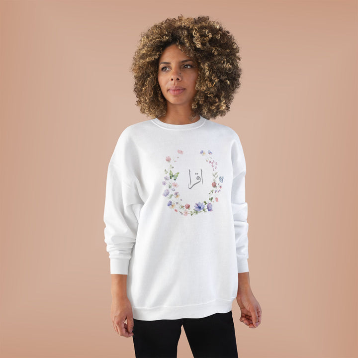 Eco-Friendly Wildflowers Arabic Calligraphy Crewneck Pullover Sweatshirt - Iqra (Read)