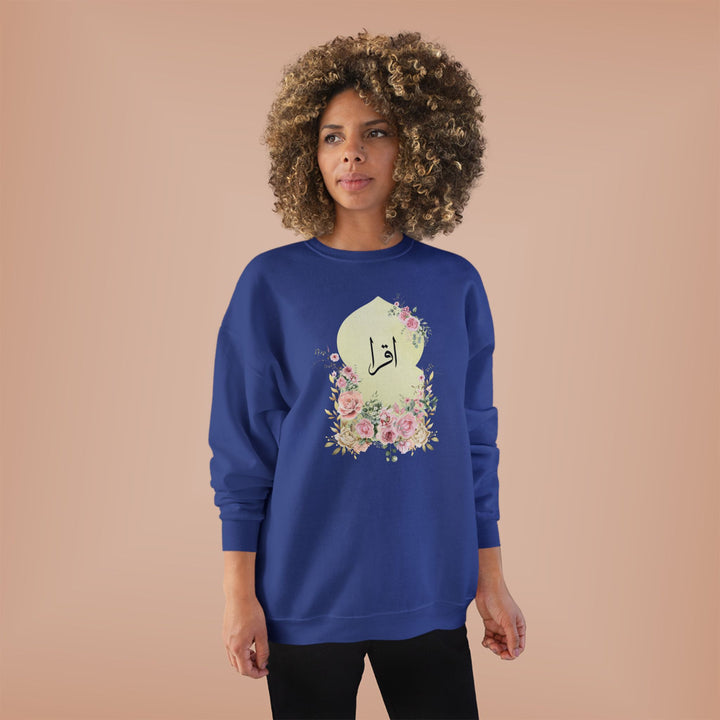 Eco-Friendly Damask Rose Arabic Calligraphy Crewneck Pullover Sweatshirt - Iqra (Read)