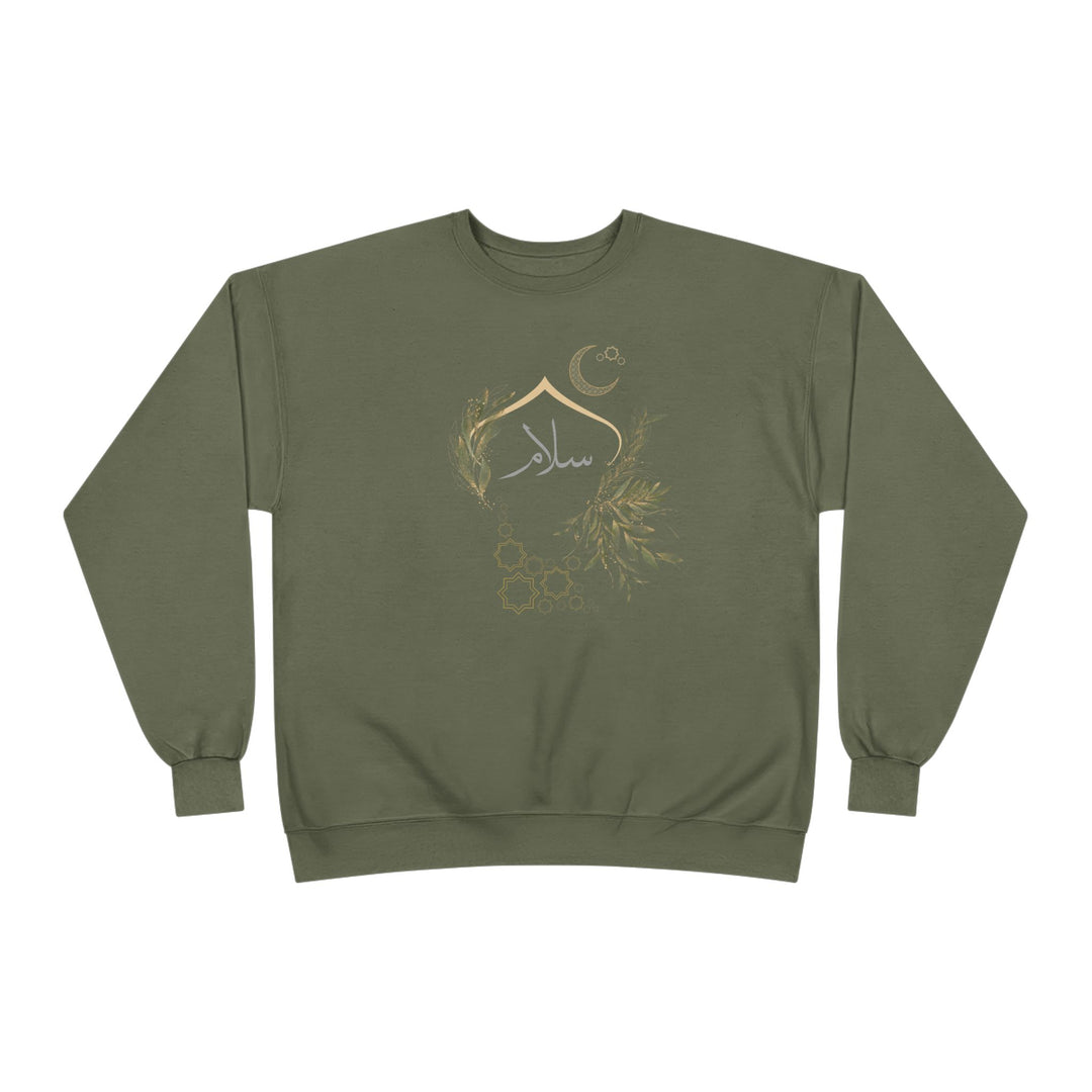 Eco-Friendly Olive and Crescent Arabic Calligraphy Crewneck Pullover Sweatshirt - Salam (Peace)