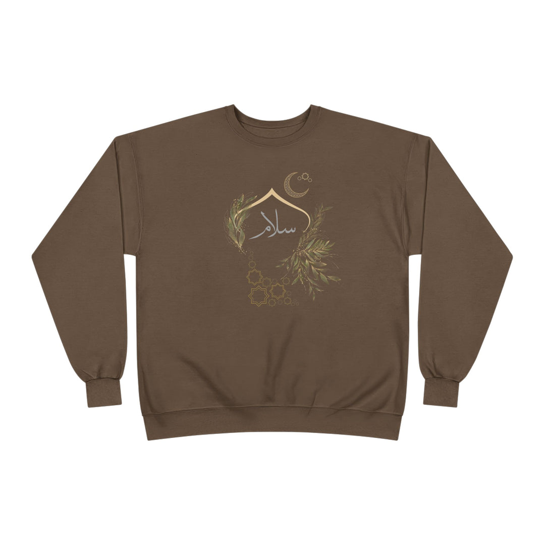 Eco-Friendly Olive and Crescent Arabic Calligraphy Crewneck Pullover Sweatshirt - Salam (Peace)