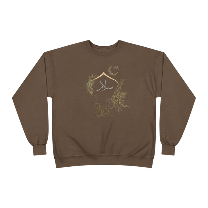 Eco-Friendly Olive and Crescent Arabic Calligraphy Crewneck Pullover Sweatshirt - Salam (Peace)