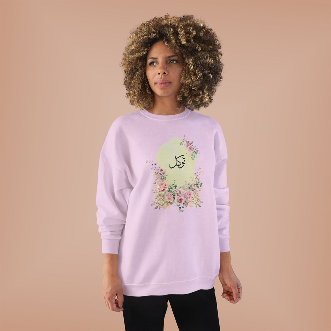 Eco-Friendly Damask Rose Arabic Calligraphy Crewneck Pullover Sweatshirt - Tawakkal (Trust)