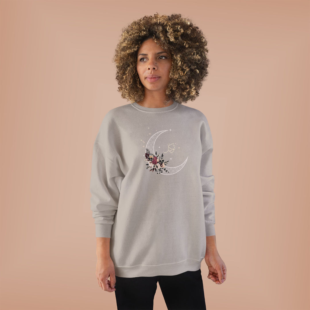 Eco-Friendly Antique Rose Arabic Calligraphy Crewneck Pullover Sweatshirt - Tawakkal (Trust)