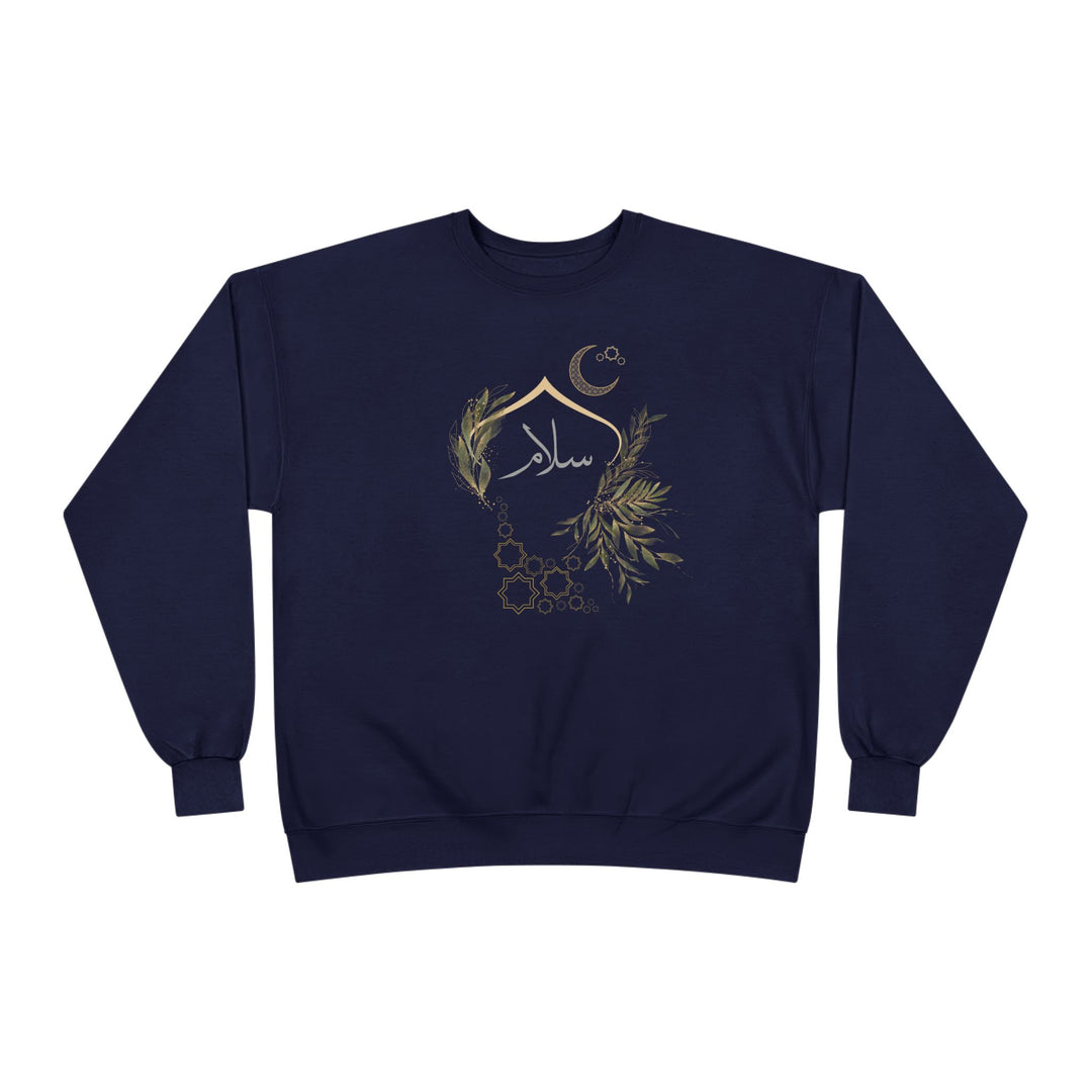 Eco-Friendly Olive and Crescent Arabic Calligraphy Crewneck Pullover Sweatshirt - Salam (Peace)