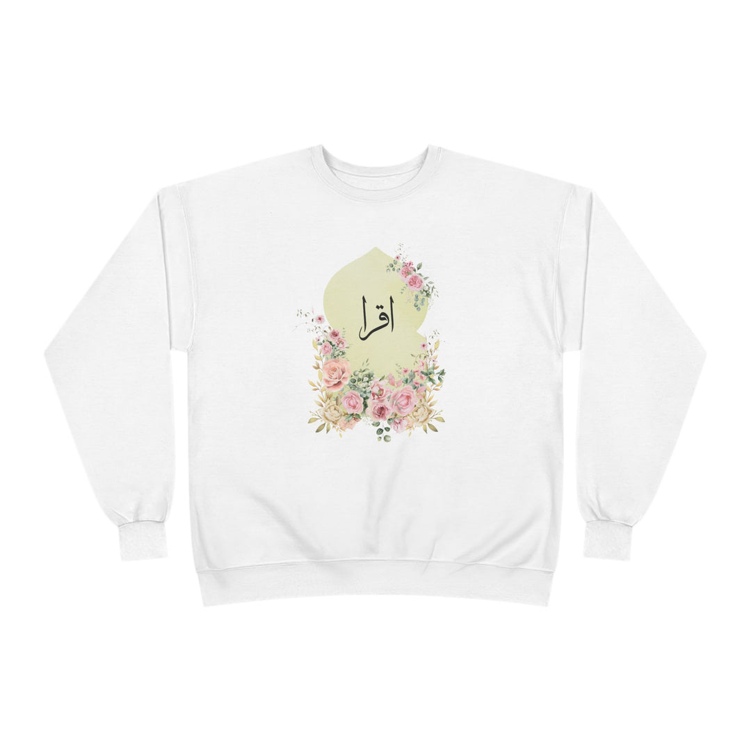 Eco-Friendly Damask Rose Arabic Calligraphy Crewneck Pullover Sweatshirt - Iqra (Read)