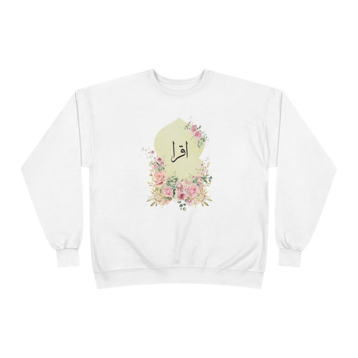 Eco-Friendly Damask Rose Arabic Calligraphy Crewneck Pullover Sweatshirt - Iqra (Read)