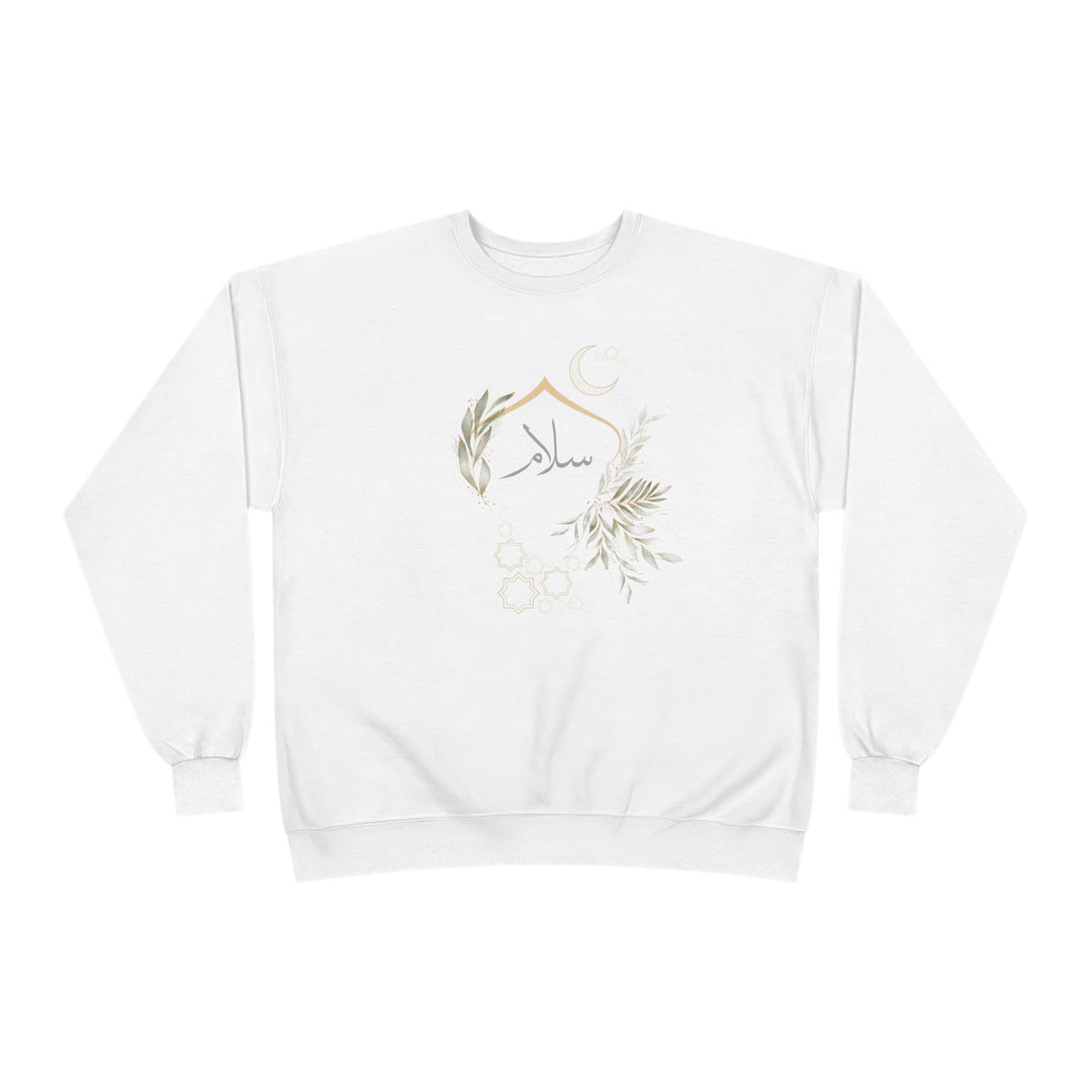 Eco-Friendly Olive and Crescent Arabic Calligraphy Crewneck Pullover Sweatshirt - Salam (Peace)