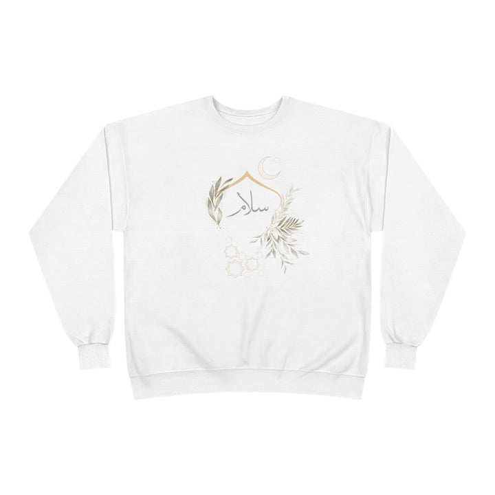 Eco-Friendly Olive and Crescent Arabic Calligraphy Crewneck Pullover Sweatshirt - Salam (Peace)