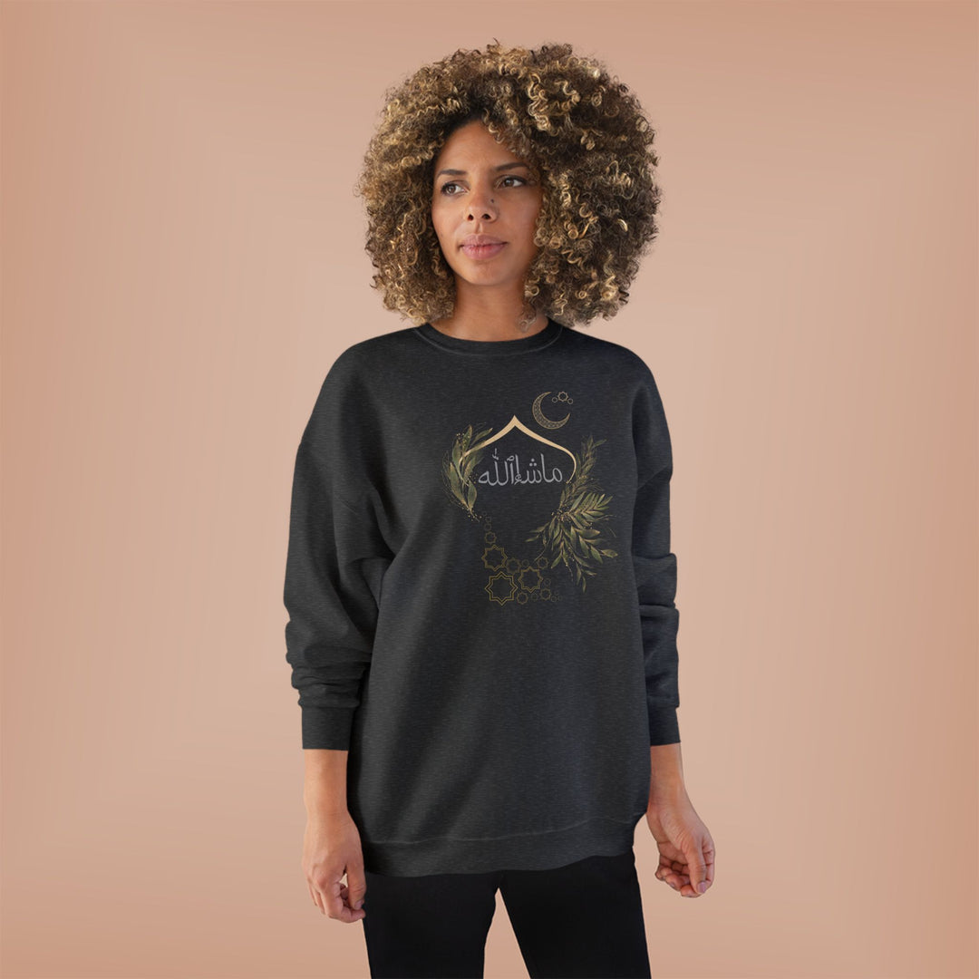 Eco-Friendly Olive and Crescent Arabic Calligraphy Crewneck Pullover Sweatshirt - Masha  Allah (Praise)