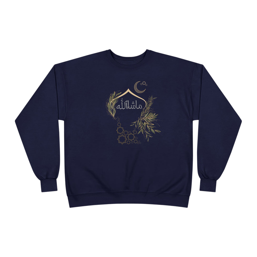 Eco-Friendly Olive and Crescent Arabic Calligraphy Crewneck Pullover Sweatshirt - Masha  Allah (Praise)