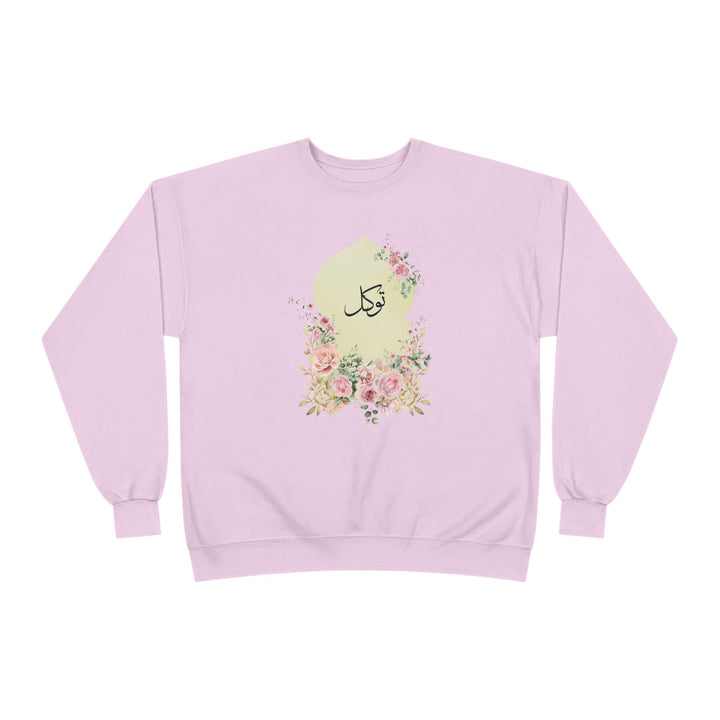 Eco-Friendly Damask Rose Arabic Calligraphy Crewneck Pullover Sweatshirt - Tawakkal (Trust)