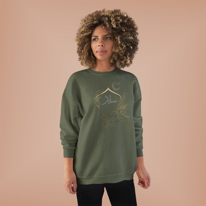 Eco-Friendly Olive and Crescent Arabic Calligraphy Crewneck Pullover Sweatshirt - Salam (Peace)