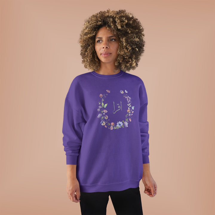 Eco-Friendly Wildflowers Arabic Calligraphy Crewneck Pullover Sweatshirt - Iqra (Read)