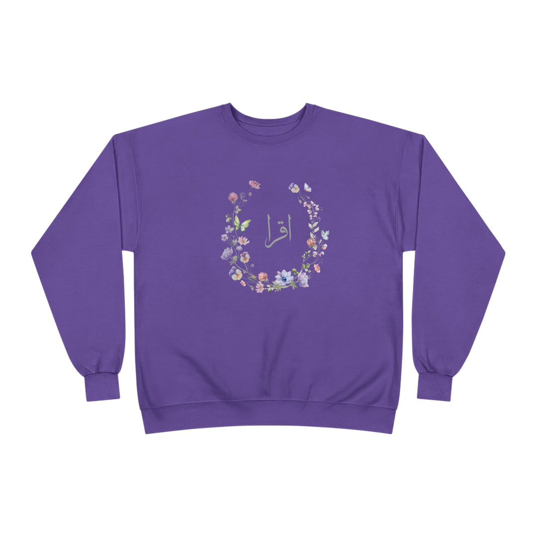 Eco-Friendly Wildflowers Arabic Calligraphy Crewneck Pullover Sweatshirt - Iqra (Read)