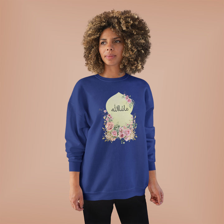 Eco-Friendly Damask Rose Arabic Calligraphy Crewneck Pullover Sweatshirt - Masha Allah (Praise)