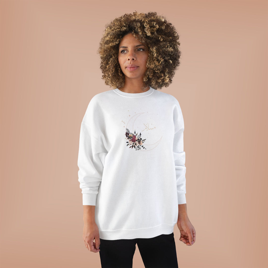 Eco-Friendly Antique Rose Arabic Calligraphy Crewneck Pullover Sweatshirt - Salam (Peace)