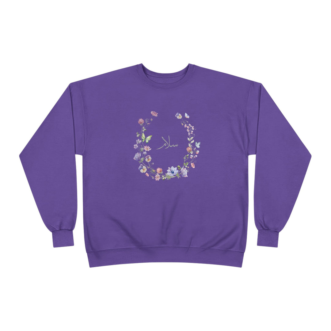 Eco-Friendly Wildflowers Arabic Calligraphy Crewneck Pullover Sweatshirt - Salam (Peace)