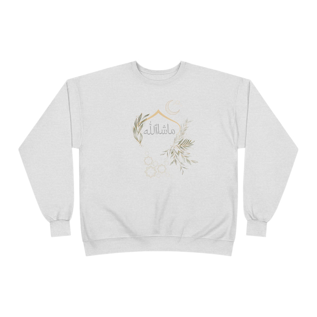 Eco-Friendly Olive and Crescent Arabic Calligraphy Crewneck Pullover Sweatshirt - Masha  Allah (Praise)