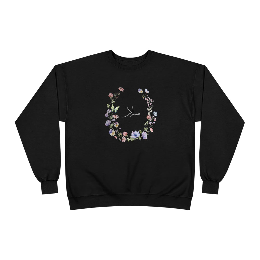 Eco-Friendly Wildflowers Arabic Calligraphy Crewneck Pullover Sweatshirt - Salam (Peace)