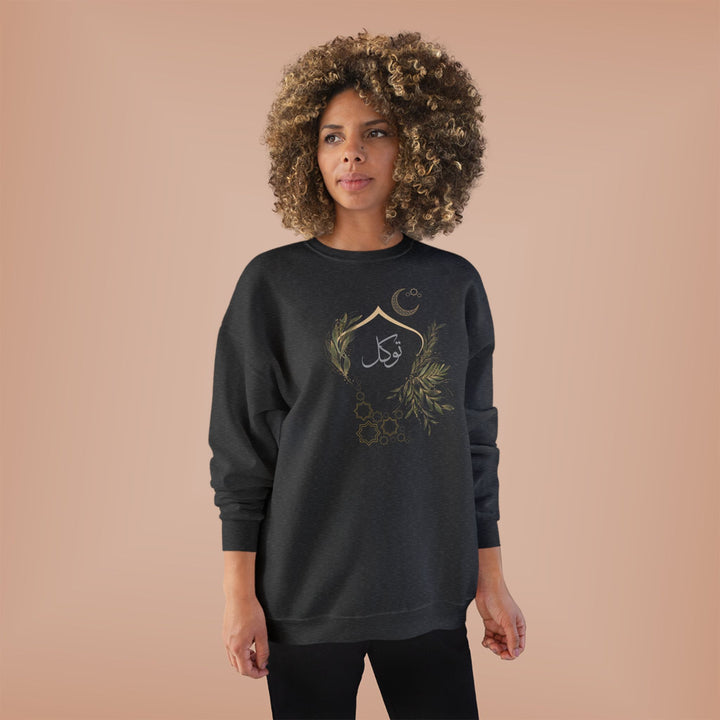 Eco-Friendly Olive and Crescent Arabic Calligraphy Crewneck Pullover Sweatshirt - Tawakkal (Fortitude)