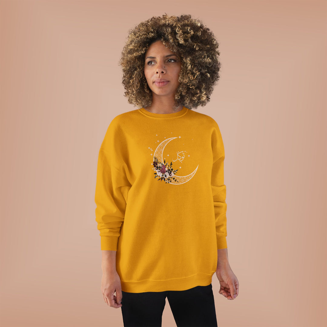 Eco-Friendly Antique Rose Arabic Calligraphy Crewneck Pullover Sweatshirt - Tawakkal (Trust)