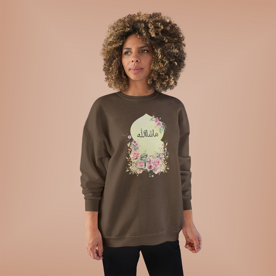 Eco-Friendly Damask Rose Arabic Calligraphy Crewneck Pullover Sweatshirt - Masha Allah (Praise)