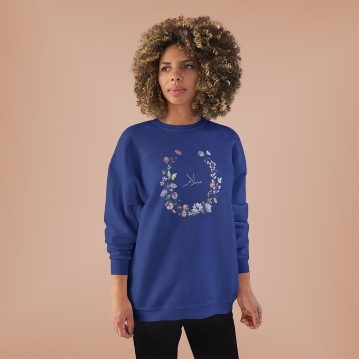 Eco-Friendly Wildflowers Arabic Calligraphy Crewneck Pullover Sweatshirt - Salam (Peace)