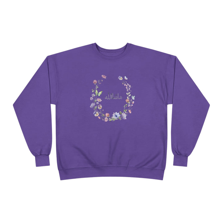 Eco-Friendly Wildflowers Arabic Calligraphy Crewneck Pullover Sweatshirt - Masha Allah (Praise)