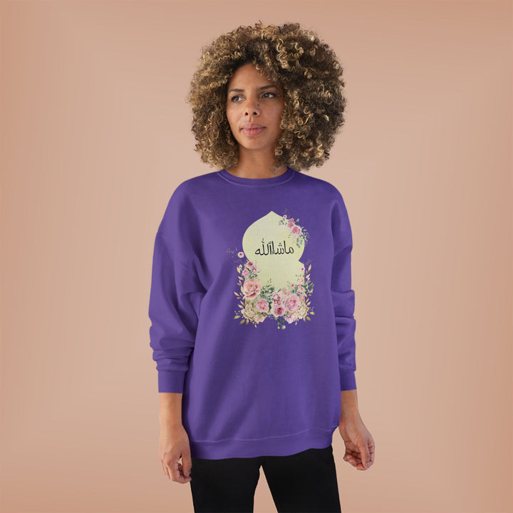 Eco-Friendly Damask Rose Arabic Calligraphy Crewneck Pullover Sweatshirt - Masha Allah (Praise)