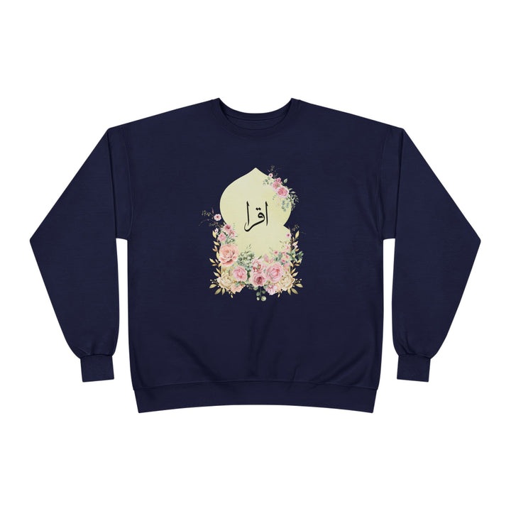 Eco-Friendly Damask Rose Arabic Calligraphy Crewneck Pullover Sweatshirt - Iqra (Read)