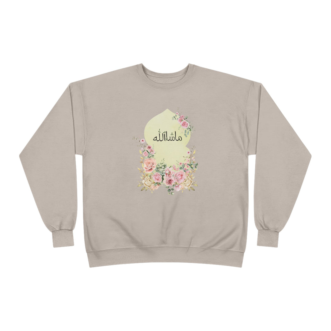 Eco-Friendly Damask Rose Arabic Calligraphy Crewneck Pullover Sweatshirt - Masha Allah (Praise)