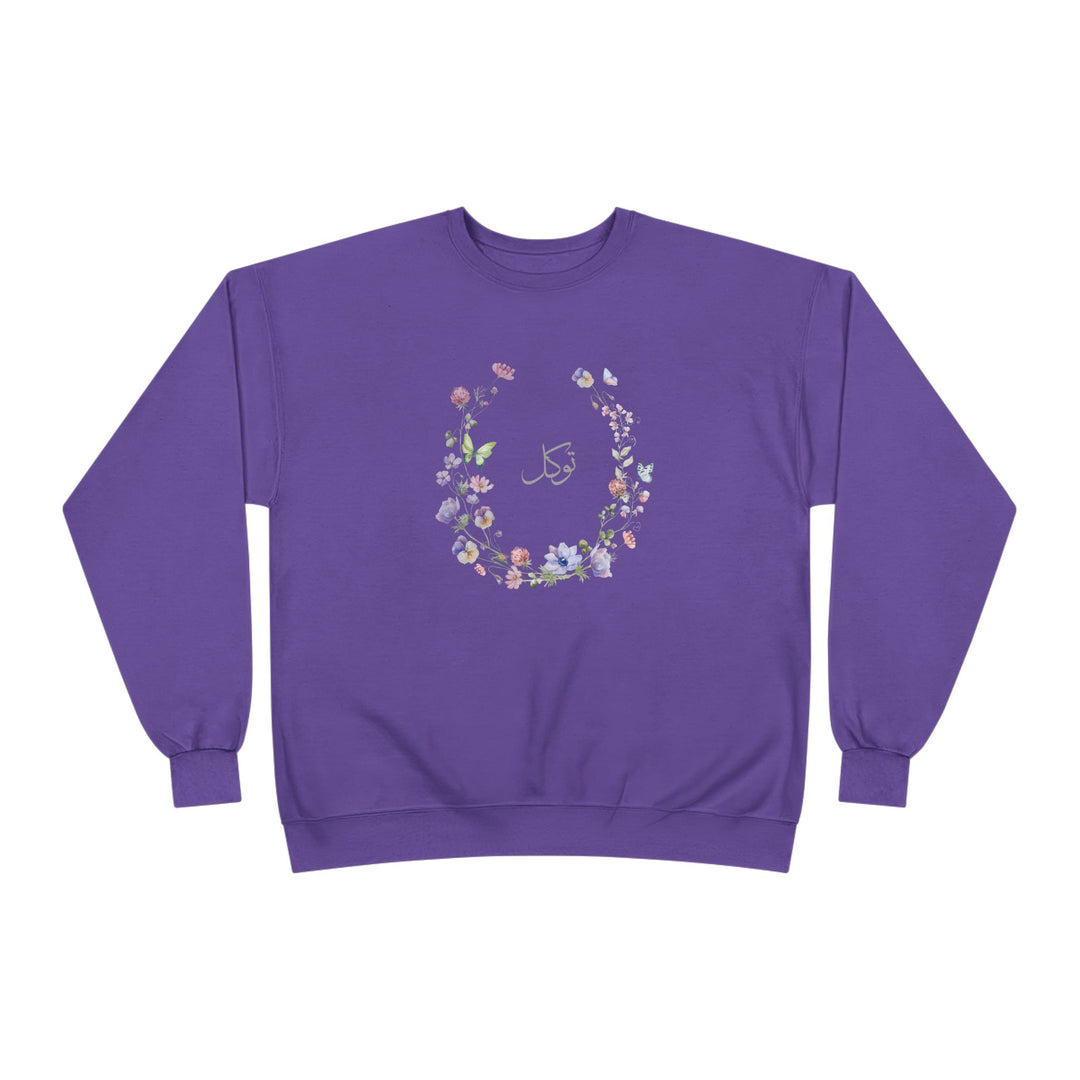 Eco-Friendly Wildflowers Arabic Calligraphy Crewneck Pullover Sweatshirt - Tawakkal (Trust)