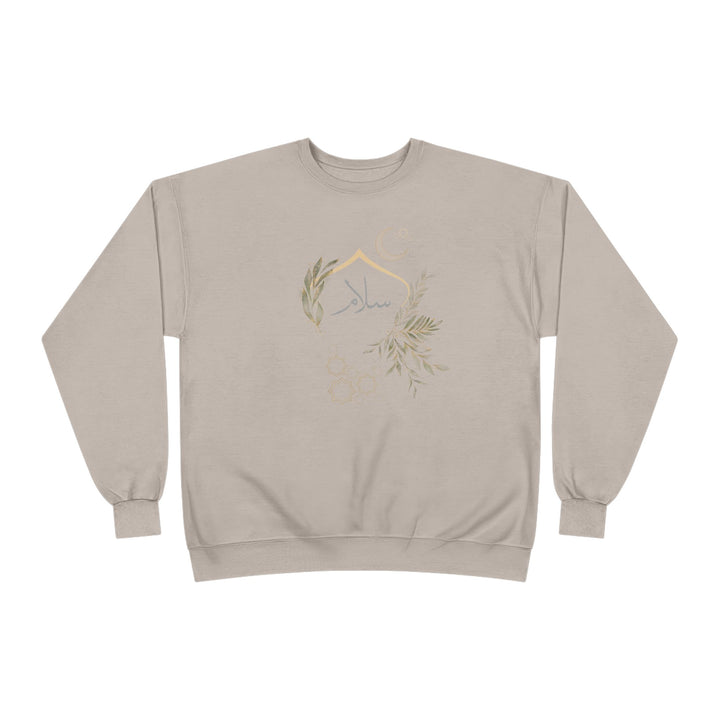 Eco-Friendly Olive and Crescent Arabic Calligraphy Crewneck Pullover Sweatshirt - Salam (Peace)