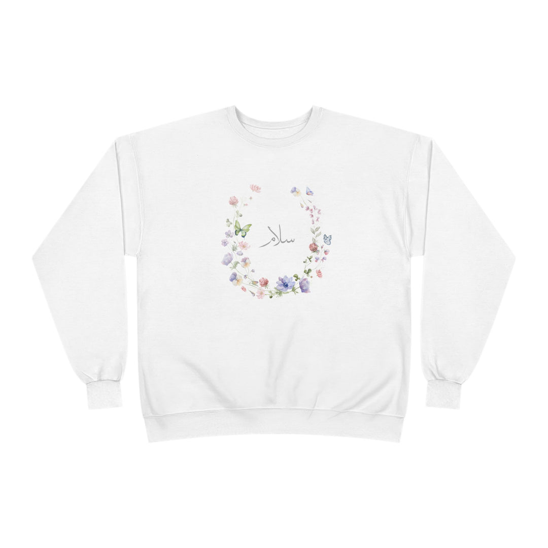 Eco-Friendly Wildflowers Arabic Calligraphy Crewneck Pullover Sweatshirt - Salam (Peace)