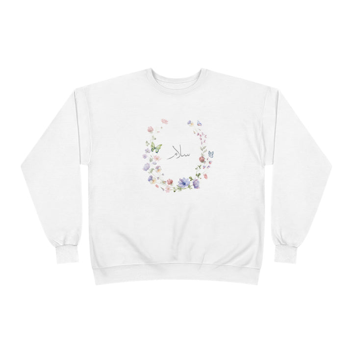 Eco-Friendly Wildflowers Arabic Calligraphy Crewneck Pullover Sweatshirt - Salam (Peace)