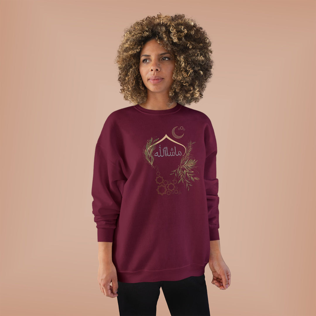 Eco-Friendly Olive and Crescent Arabic Calligraphy Crewneck Pullover Sweatshirt - Masha  Allah (Praise)