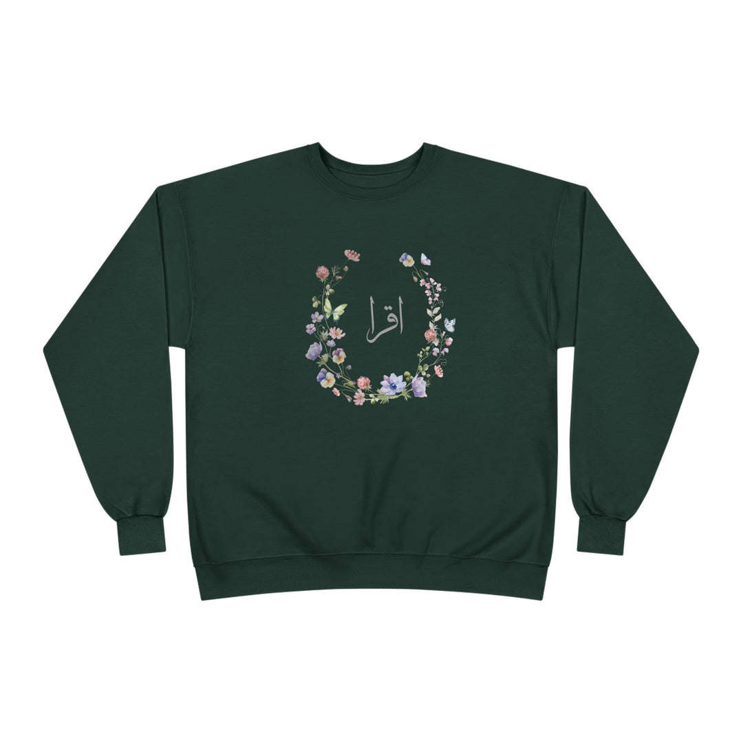 Eco-Friendly Wildflowers Arabic Calligraphy Crewneck Pullover Sweatshirt - Iqra (Read)