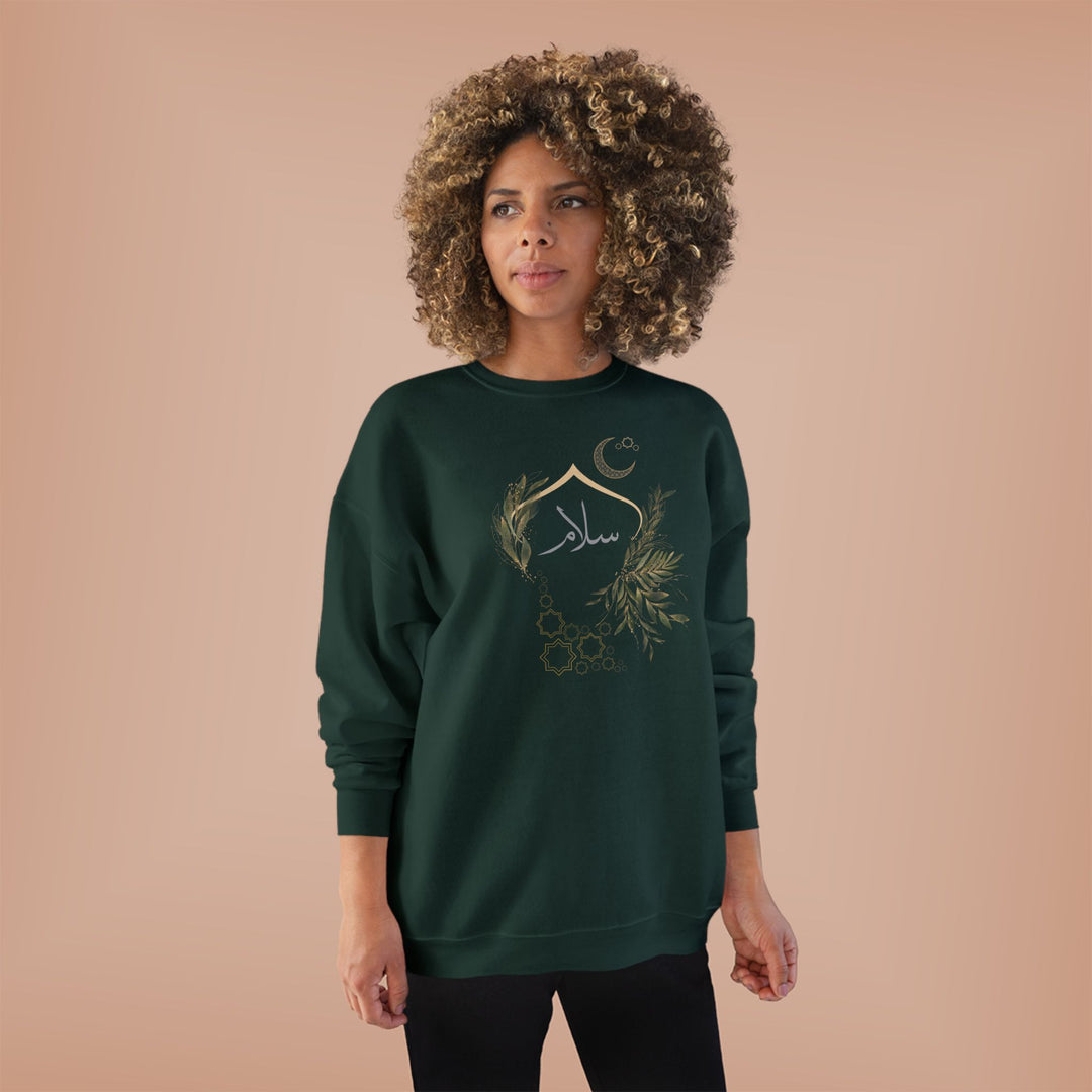 Eco-Friendly Olive and Crescent Arabic Calligraphy Crewneck Pullover Sweatshirt - Salam (Peace)