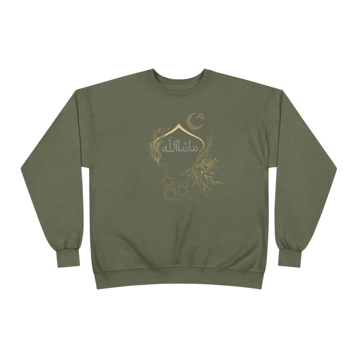 Eco-Friendly Olive and Crescent Arabic Calligraphy Crewneck Pullover Sweatshirt - Masha  Allah (Praise)