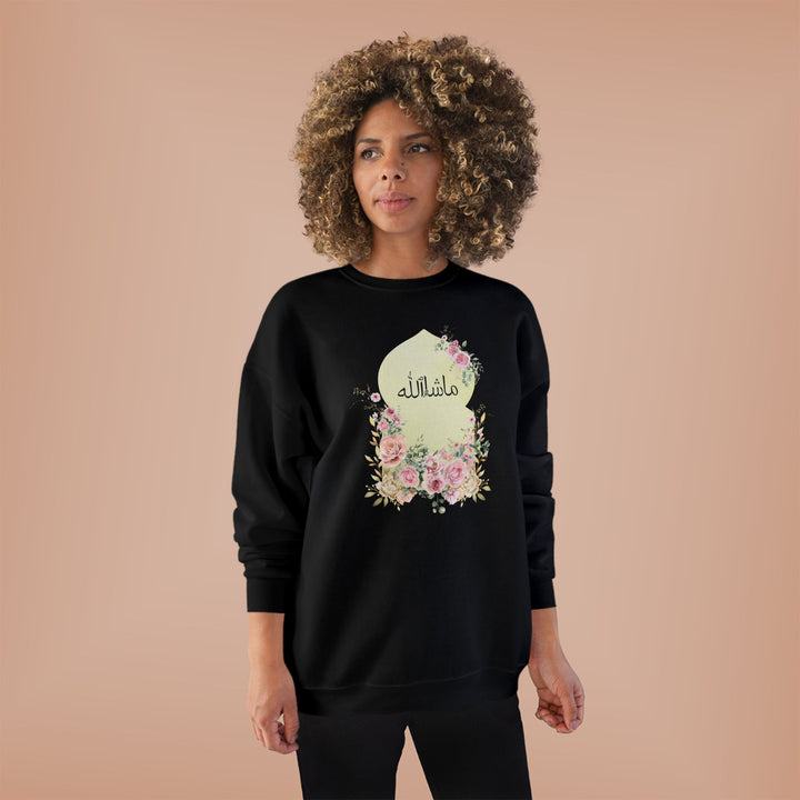 Eco-Friendly Damask Rose Arabic Calligraphy Crewneck Pullover Sweatshirt - Masha Allah (Praise)