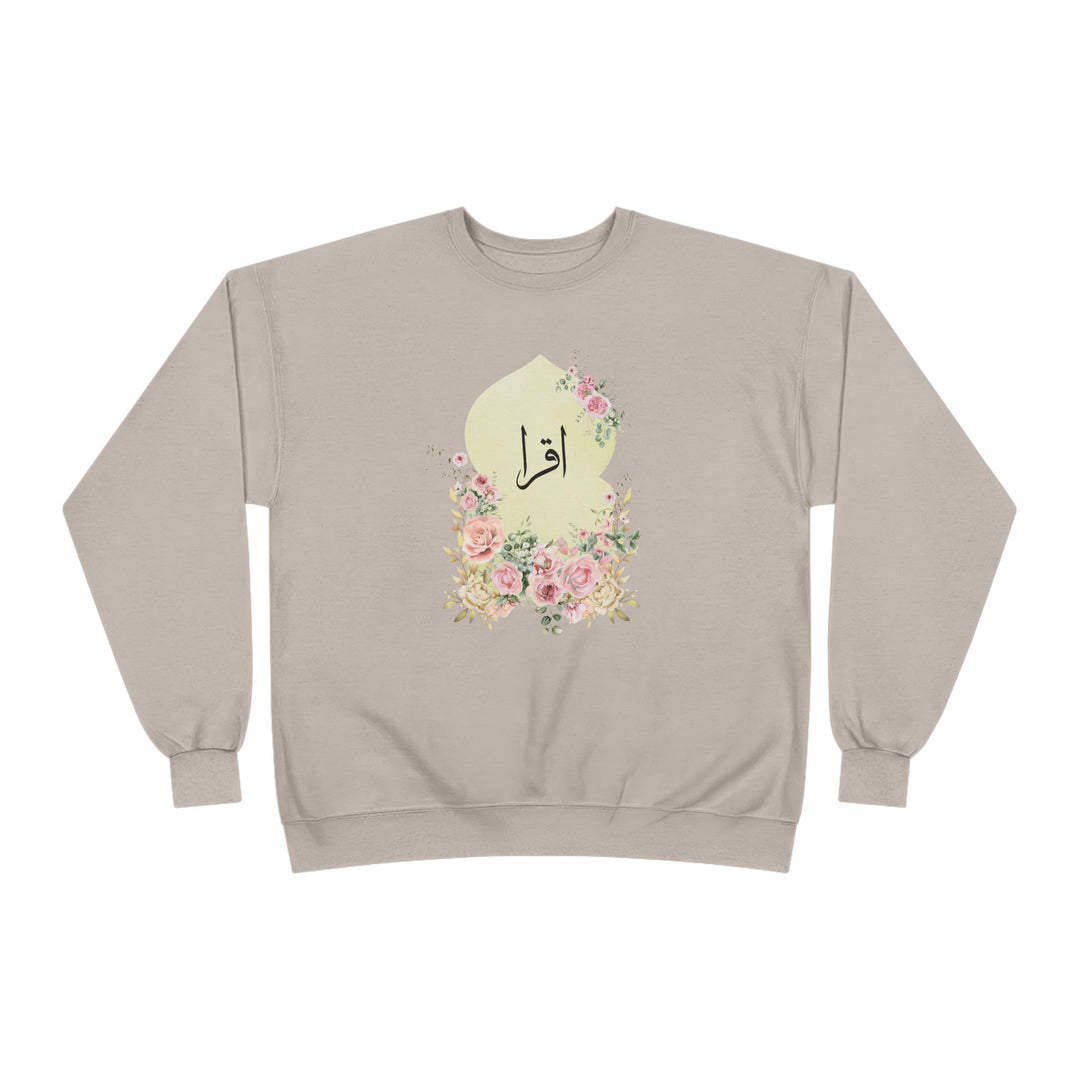 Eco-Friendly Damask Rose Arabic Calligraphy Crewneck Pullover Sweatshirt - Iqra (Read)