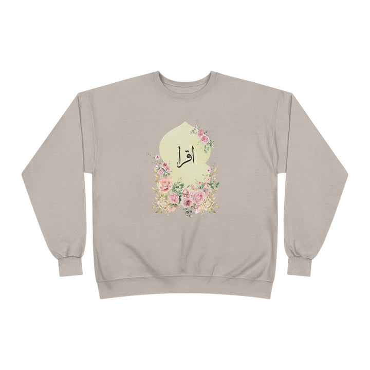 Eco-Friendly Damask Rose Arabic Calligraphy Crewneck Pullover Sweatshirt - Iqra (Read)